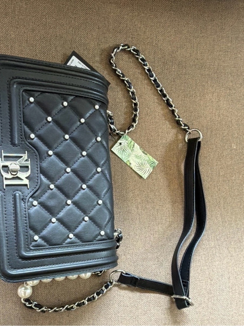Badgley Mischka Black Quilted Crossbody with Pearl Studs